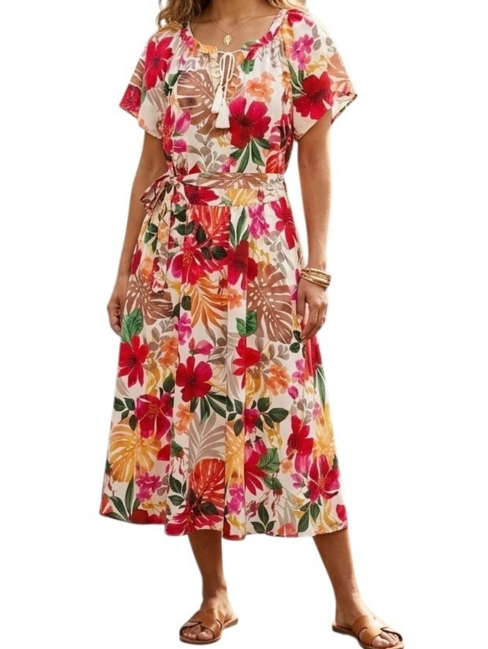 Allison Daley Pink Floral Print Midi Dress with Tie Waist M